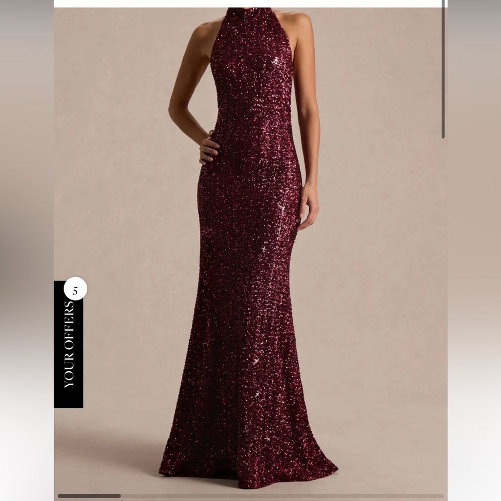 Club L London Burgundy Sequin Backless Halter Evening Gown